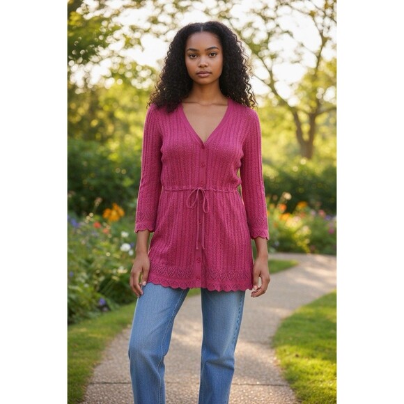 Vintage Dkny Jeans L Pink Open Knit Babydoll Fairy Y2K Button Down Top Blouse - Picture 1 of 7